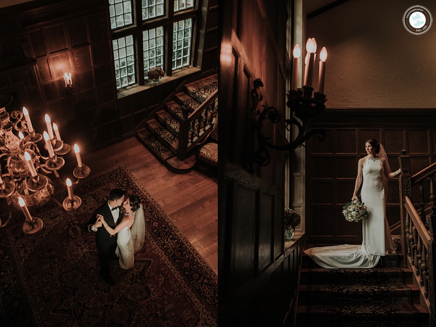 indoor staircase and lobby wedding portraits at Greenville Country Club in Greenville Delaware