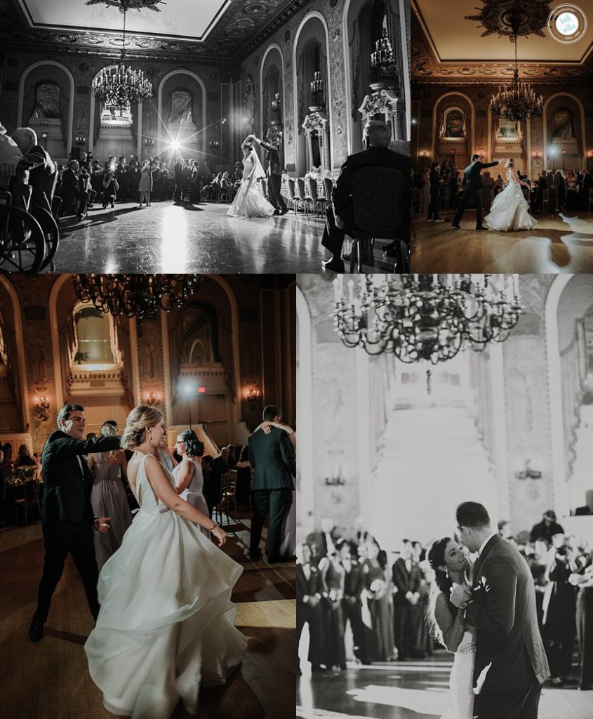 wedding couples dancing in the gold ballroom at the hotel du Pont