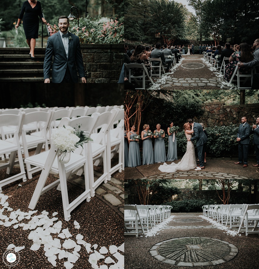 Outdoor wedding  ceremony and detail photos at Winterthur Gardens reflection pond