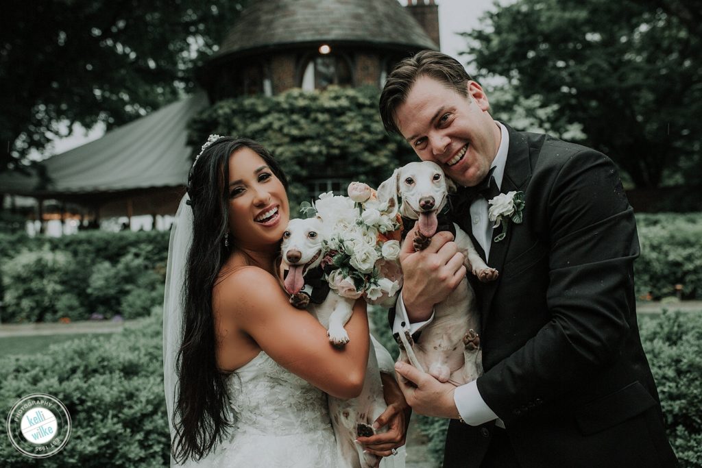 a bride and groom with their dogs at their wedding
