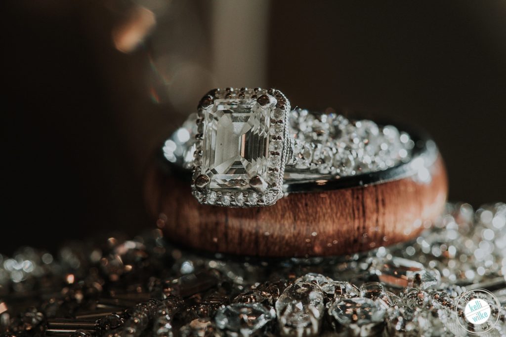 Detail photograph of wedding rings ,the groom's ring is wood