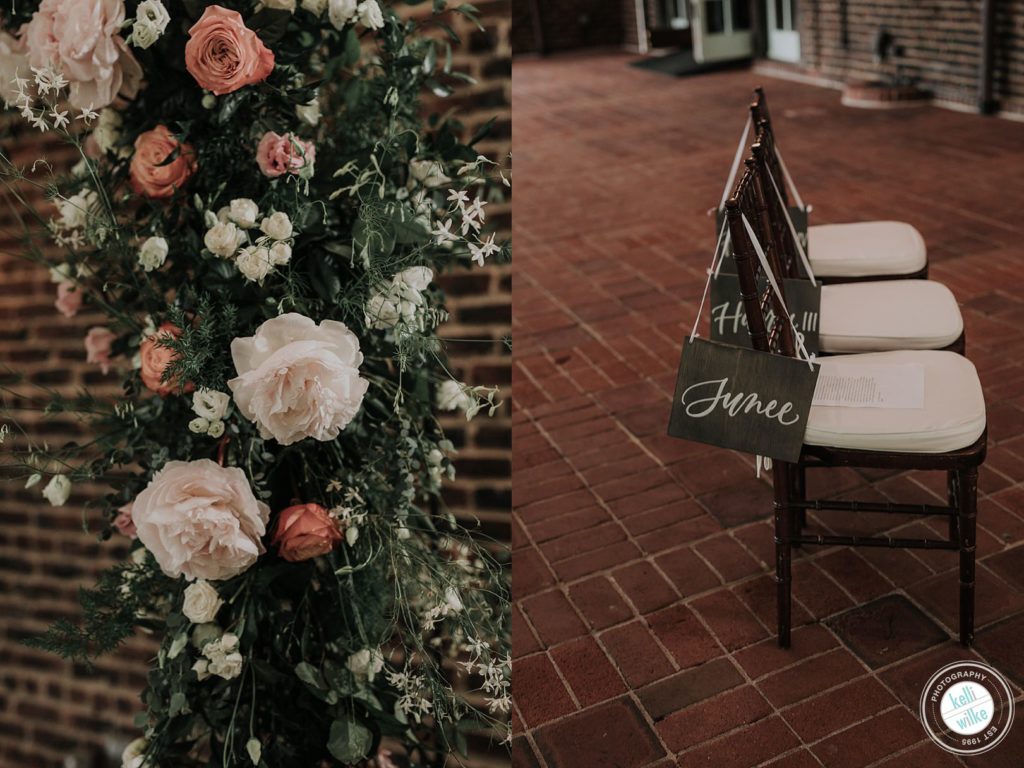 Details of a small intimate wedding at Greenville Country Club , chair with calligraphy signs and a flower archway for the ceremony 