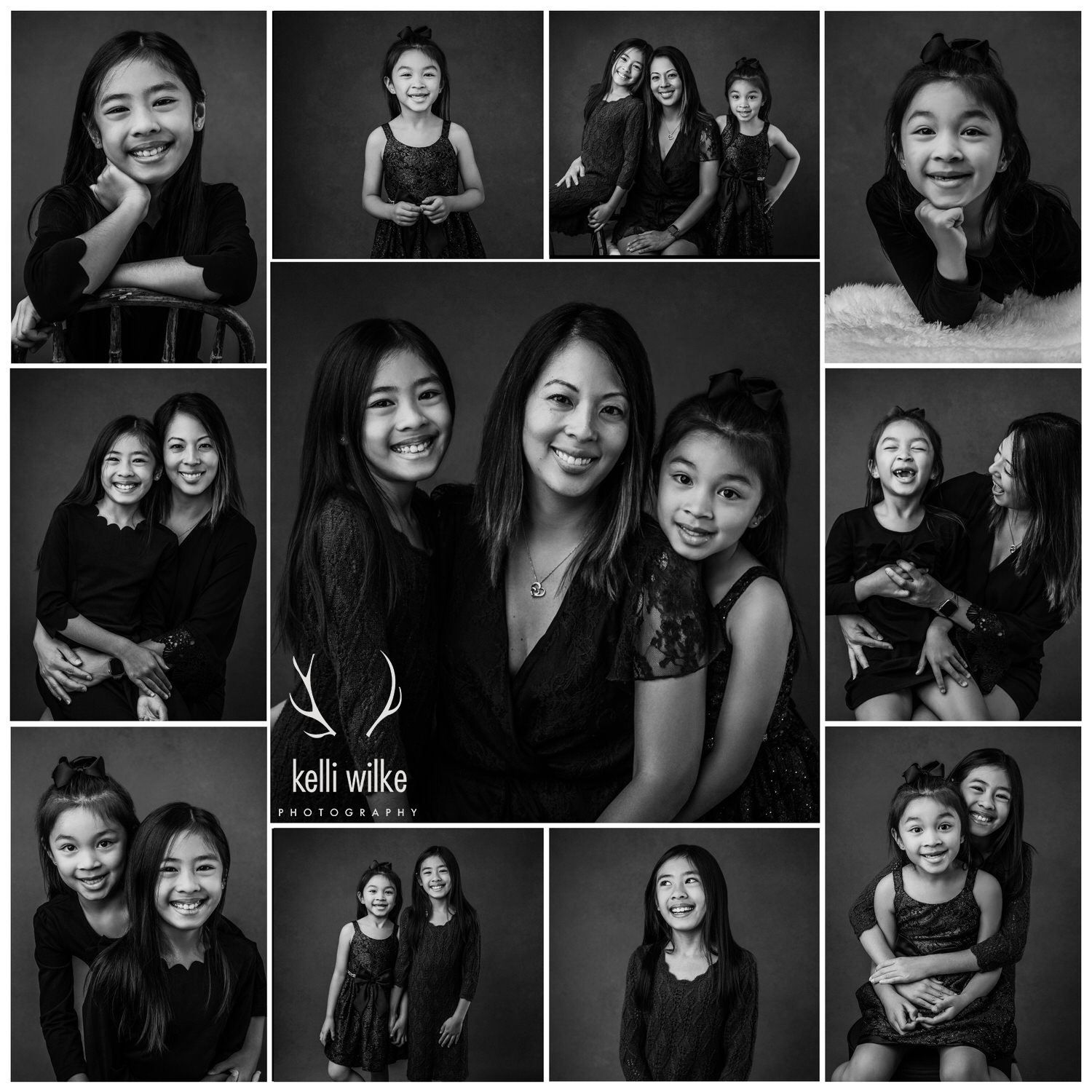 A collage of 11 black and white photos of a mother and her two young daughters taken by Kelli Wilke Photography in Wilmington, Delaware. 