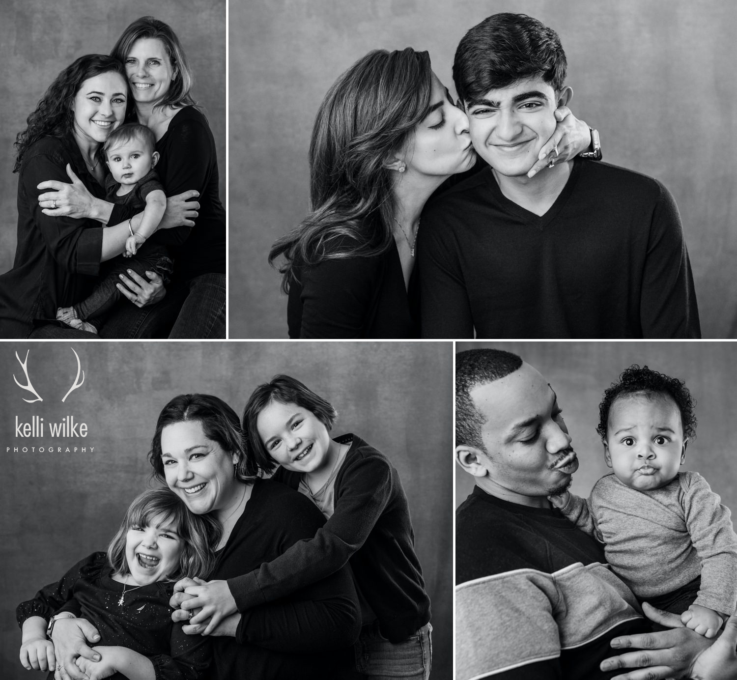 A collage of 4 black and white photos of parents with their children taken by Kelli Wilke Photography in Wilmington, Delaware. 