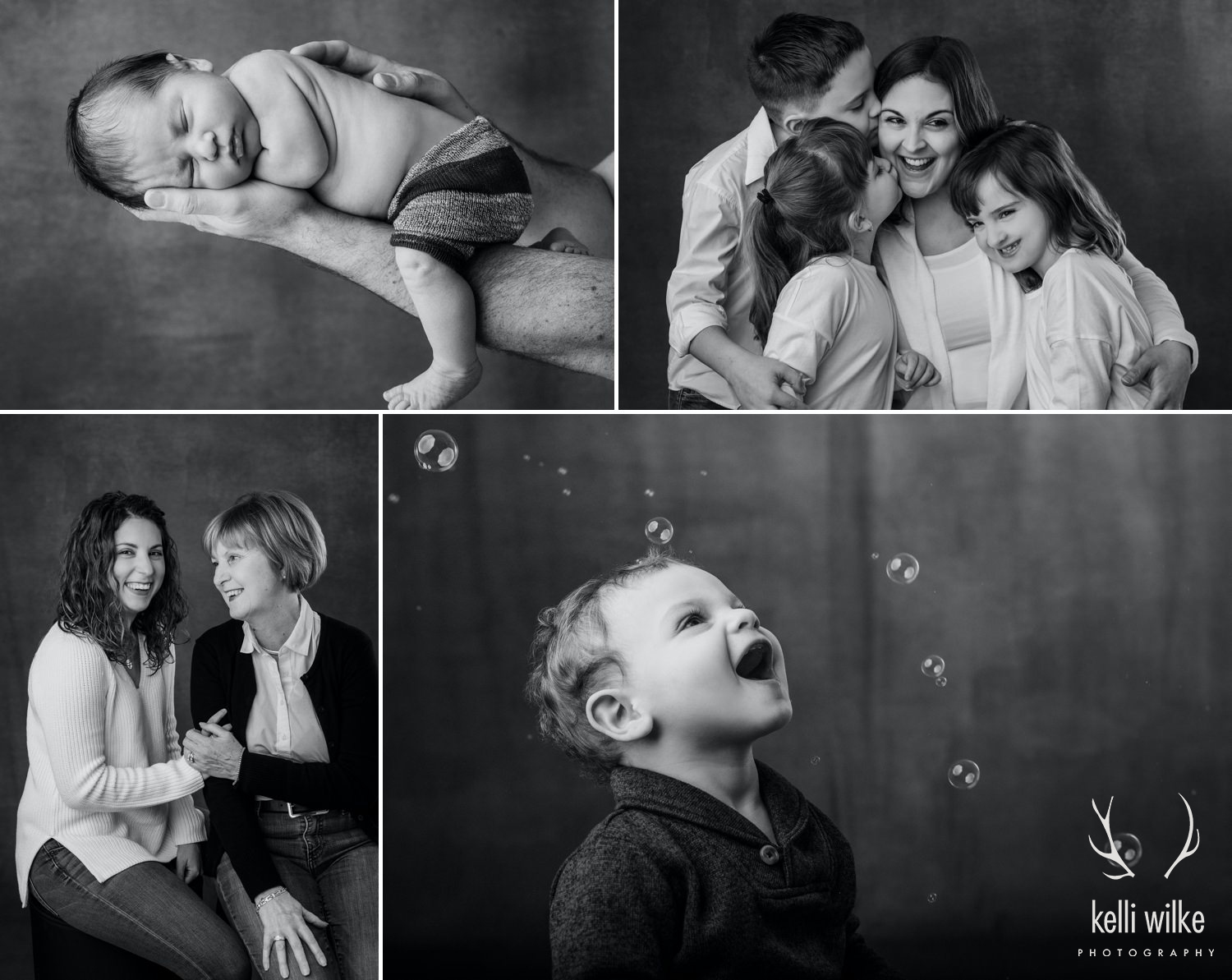 A collage of 4 photos of mothers with their children, a newborn baby, and a toddler boy trying to catch bubbles taken by Kelli Wilke Photography. 