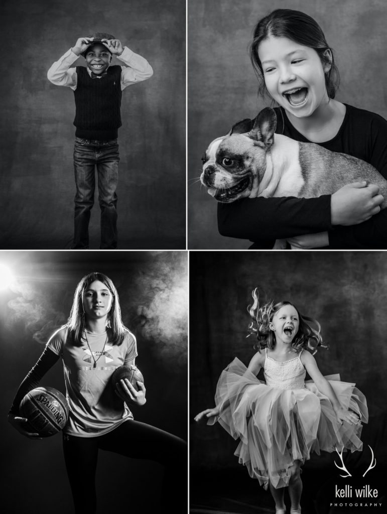 A collage of 4 black and white photos of four spirited children, one in a tutu, one in a bow-tie, one with a French Bulldog, one with a basketball and football, taken by Kelli Wilke Photography in Wilmington, Delaware. 