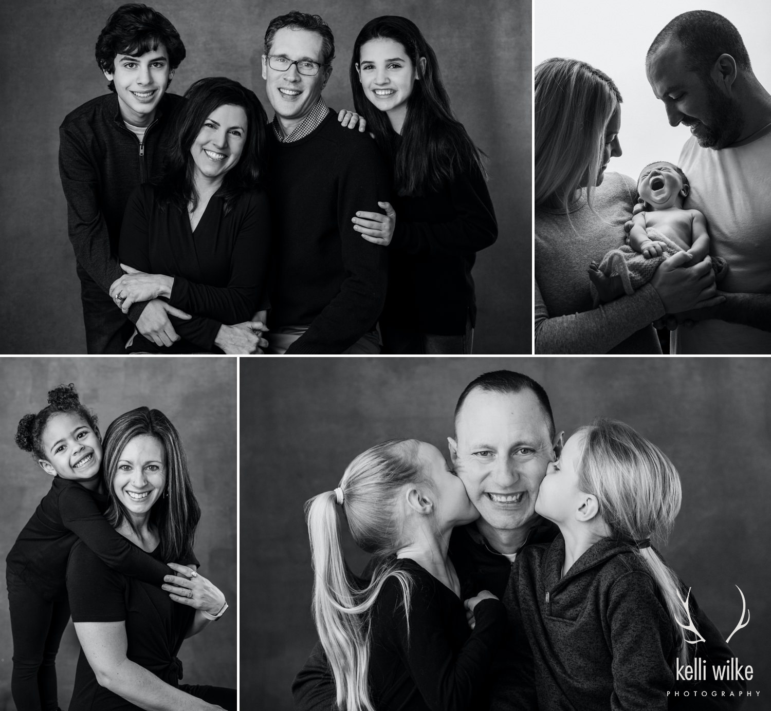 A collage of 4 black and white photos of kids of varying ages with their parents taken by Kelli Wilke Photography in Wilmington, Delaware. 