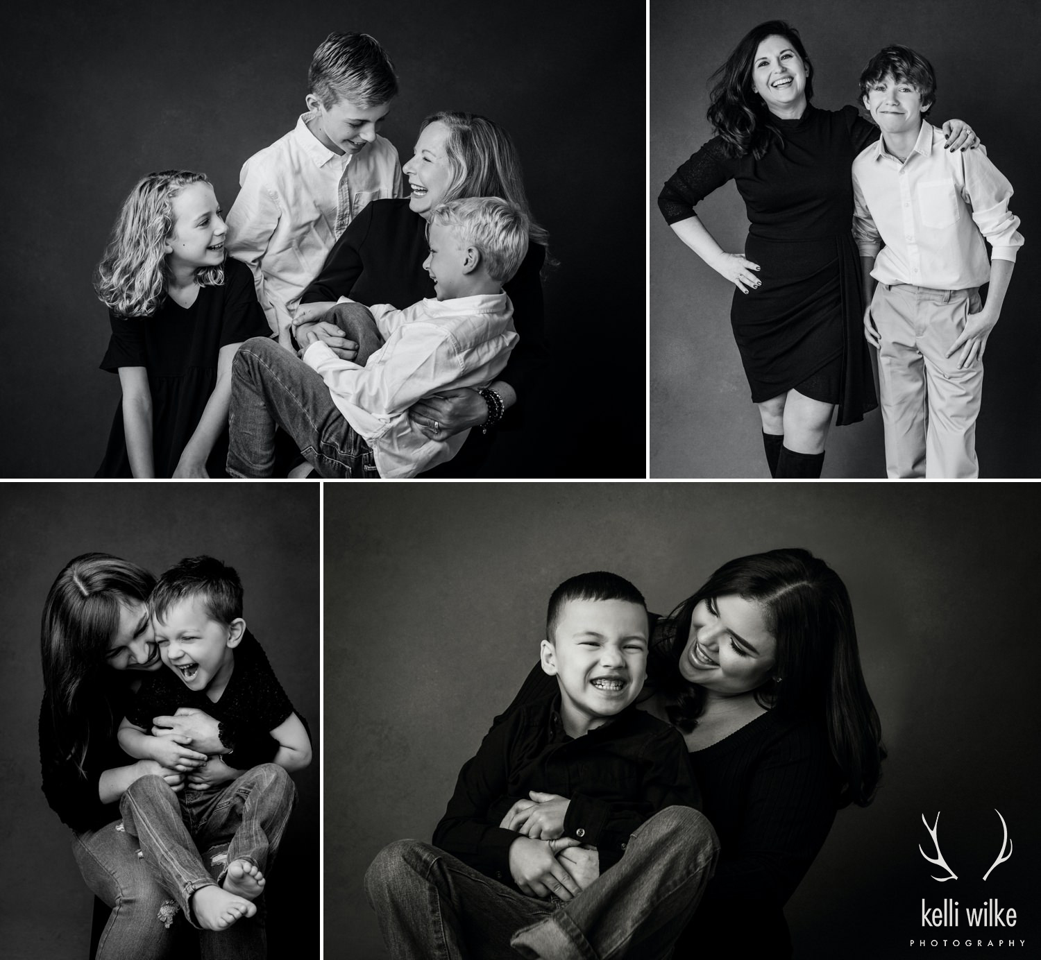 A collage of 4 black and white photos of kids of varying ages with their parents taken by Kelli Wilke Photography in Wilmington, Delaware. 