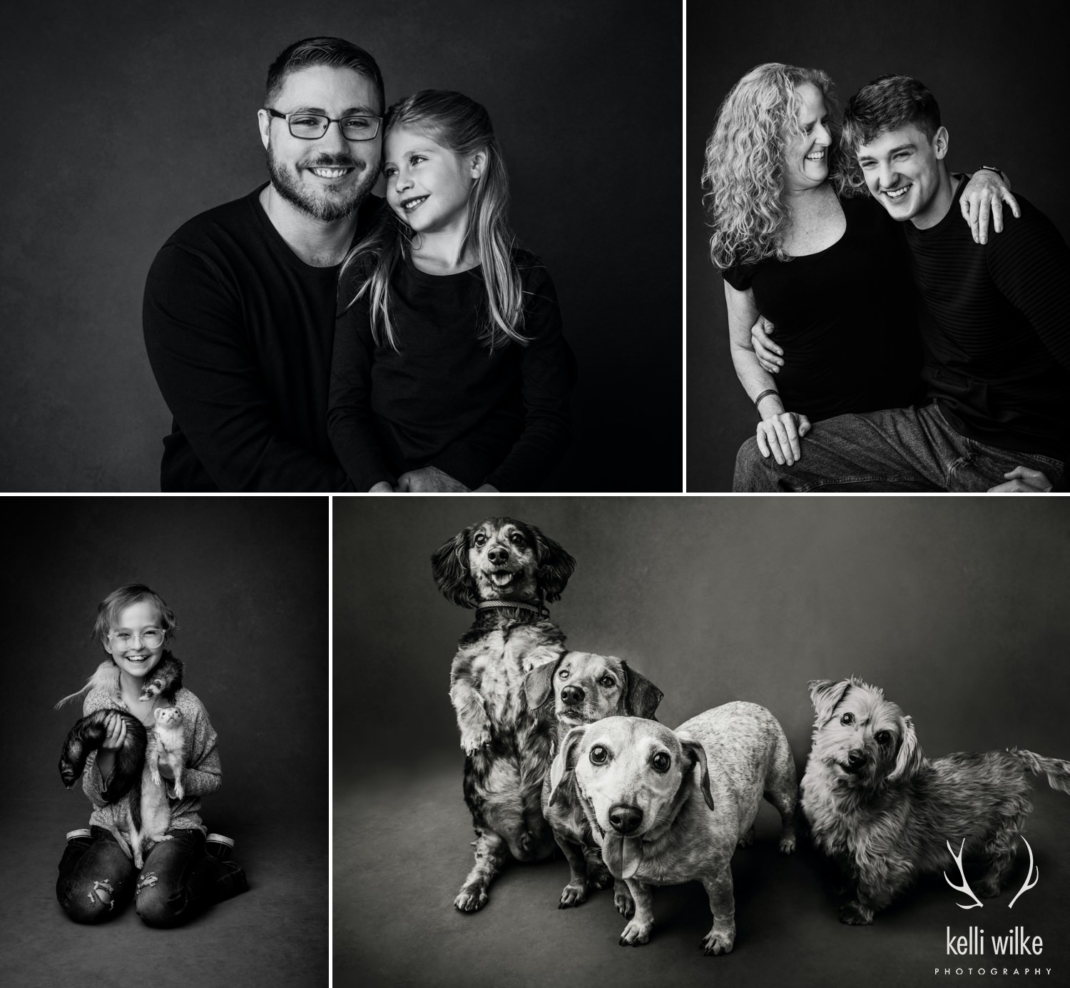 A collage of 4 black and white photos, a father and his daughter, a mom and her teenage son, a little girl with 3 ferrets, and a group of 4 small dogs. 