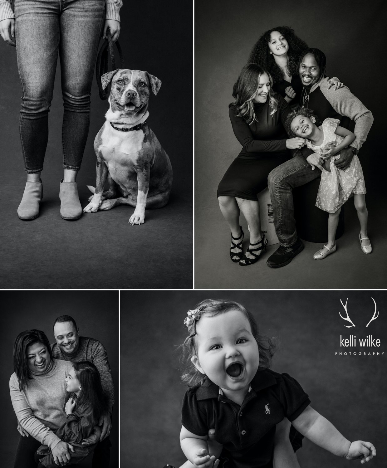 A collage of 5 black and white photos: a dog sitting by his owners feet, smiling at the camera, two families laughing together, and a little girl smiling at the camera. All photographed by Kelli Wilke Photography. 