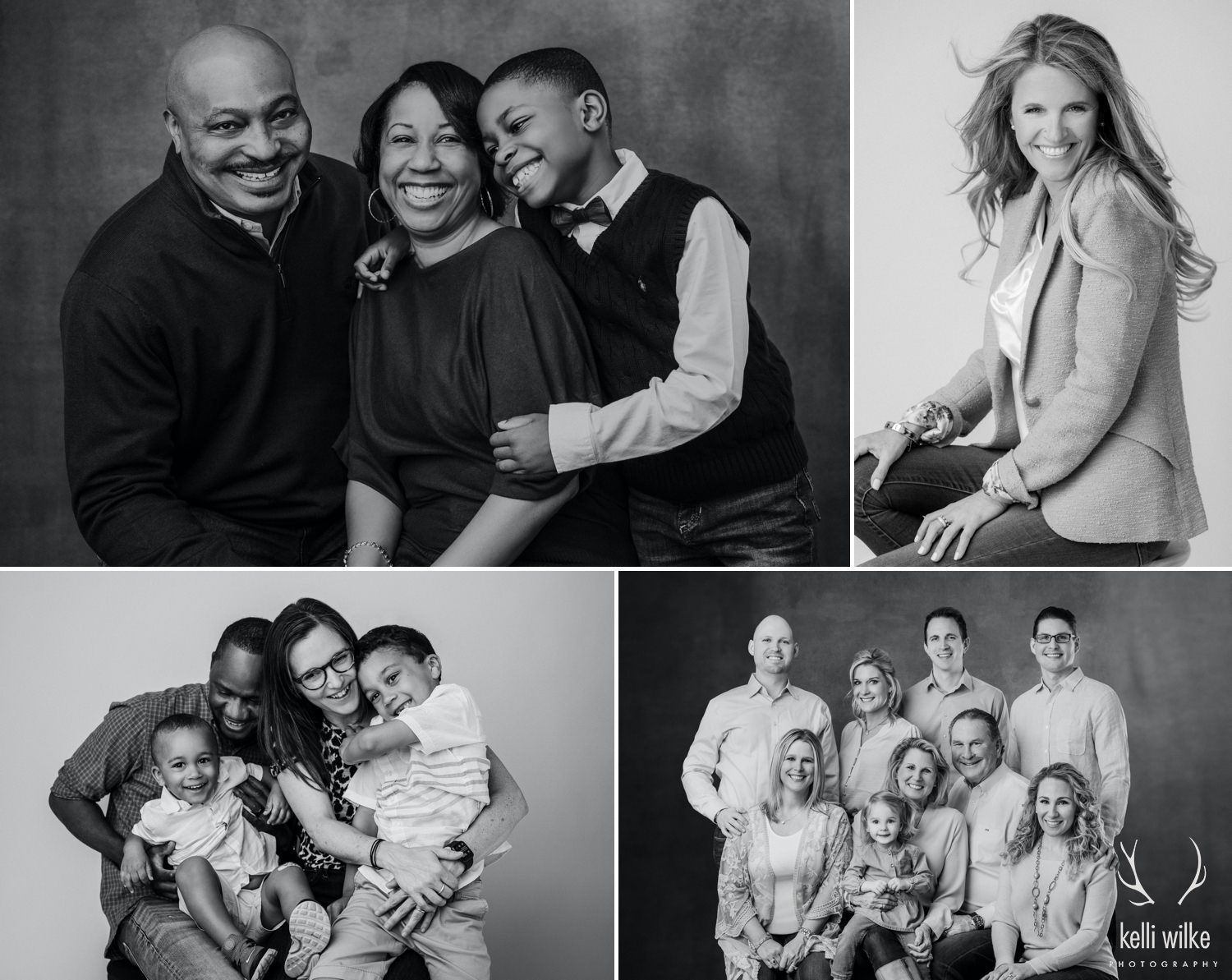 A group of 4 black and white photos of families smiling at the camera, taken by Kelli Wilke Photography. 