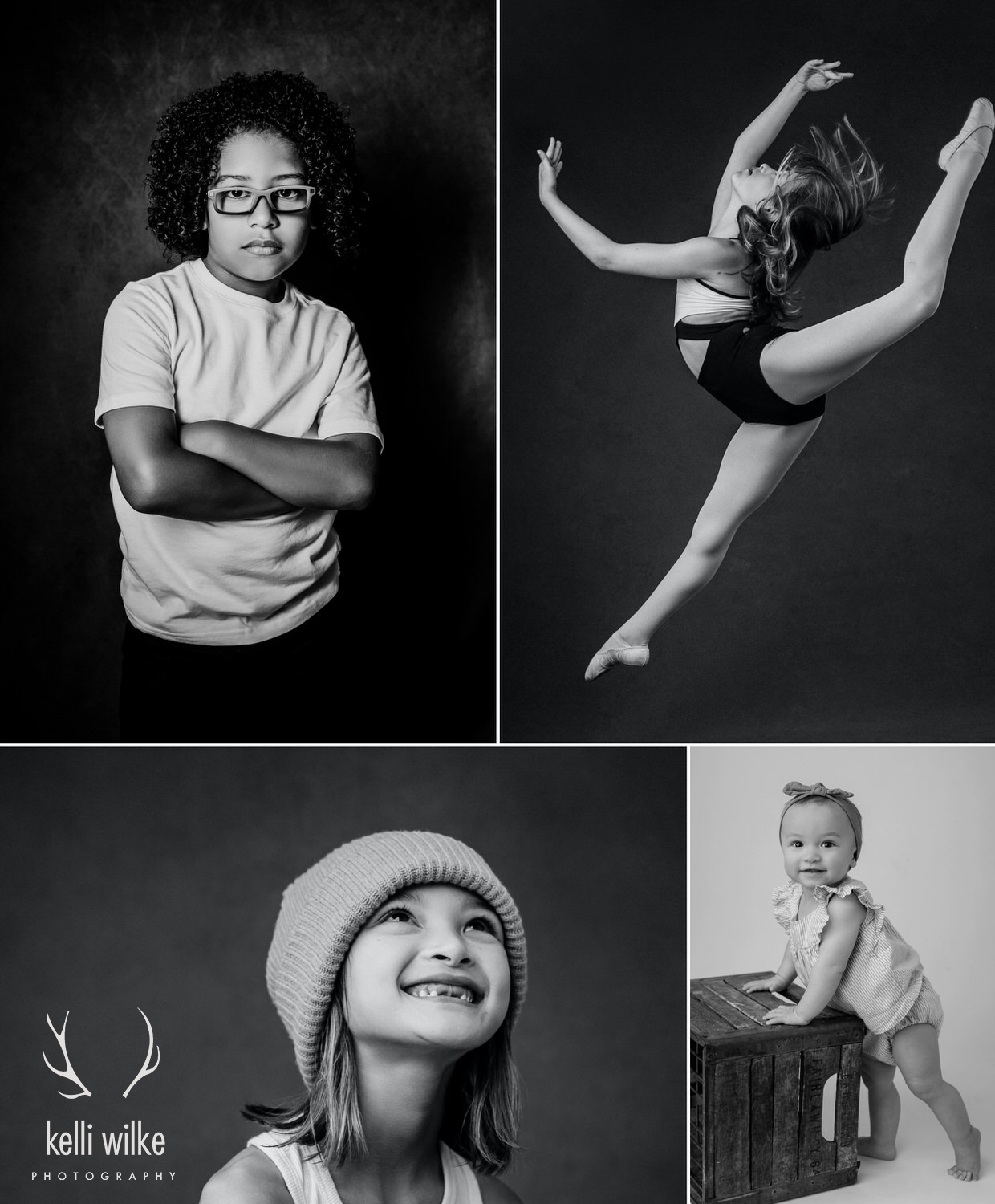 A collage of 4 black and white photos of spirited kids taken by Kelli Wilke Photography in Wilmington, DE. 