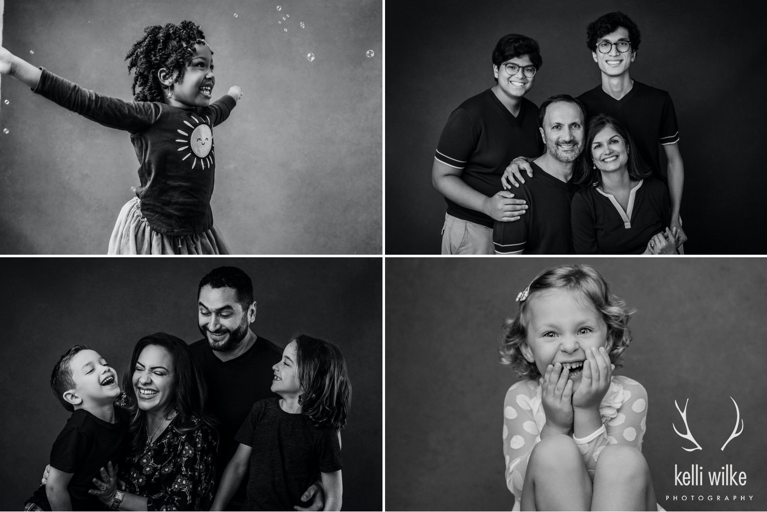 A collage of 4 black and white photos, two families and two spirited kids, photographed by Kelli Wilke Photography. 
