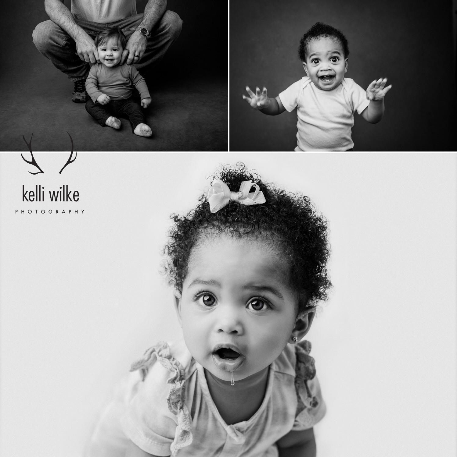 A collage of 3 black and white photos of babies smiling at the camera, photographed by Kelli Wilke Photography. 
